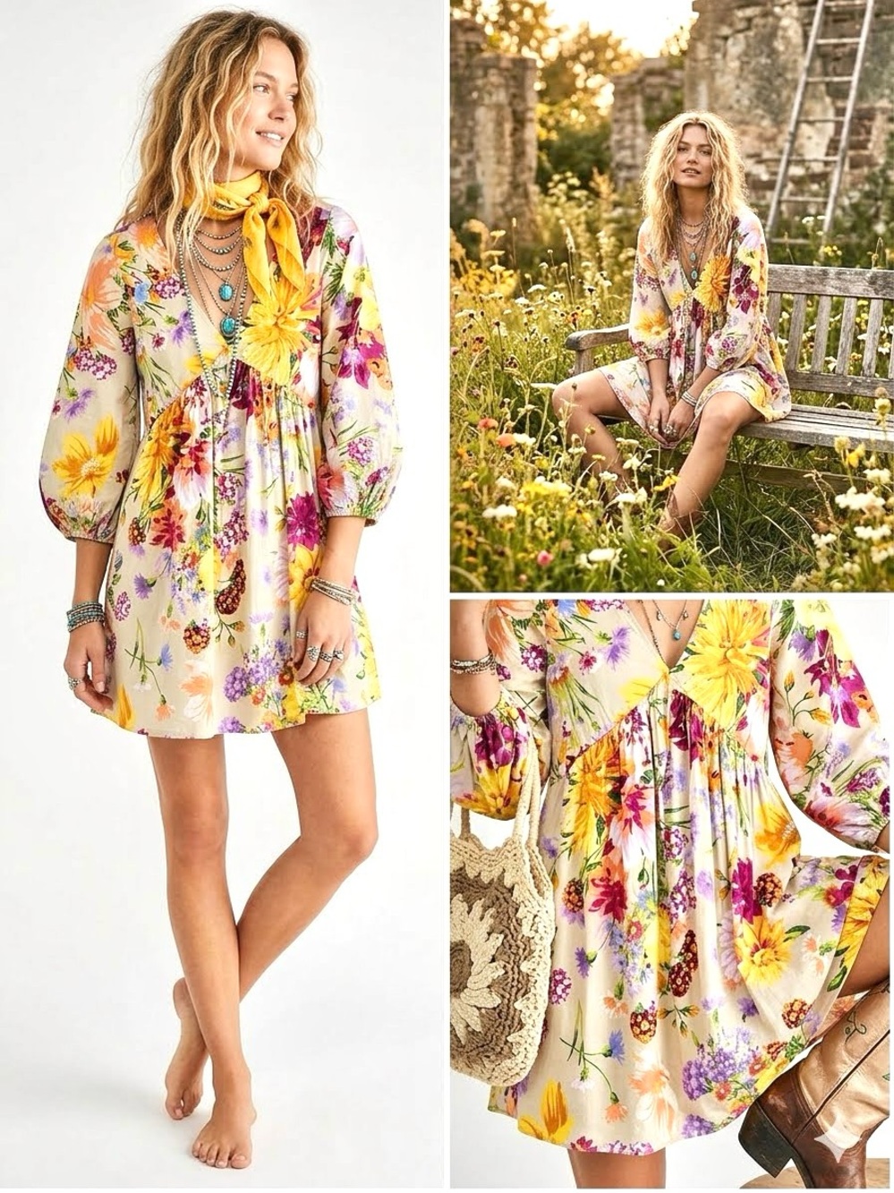 Stunning gardenia Multicolour boho tunic /mini dress w prairie shabby chic vibe